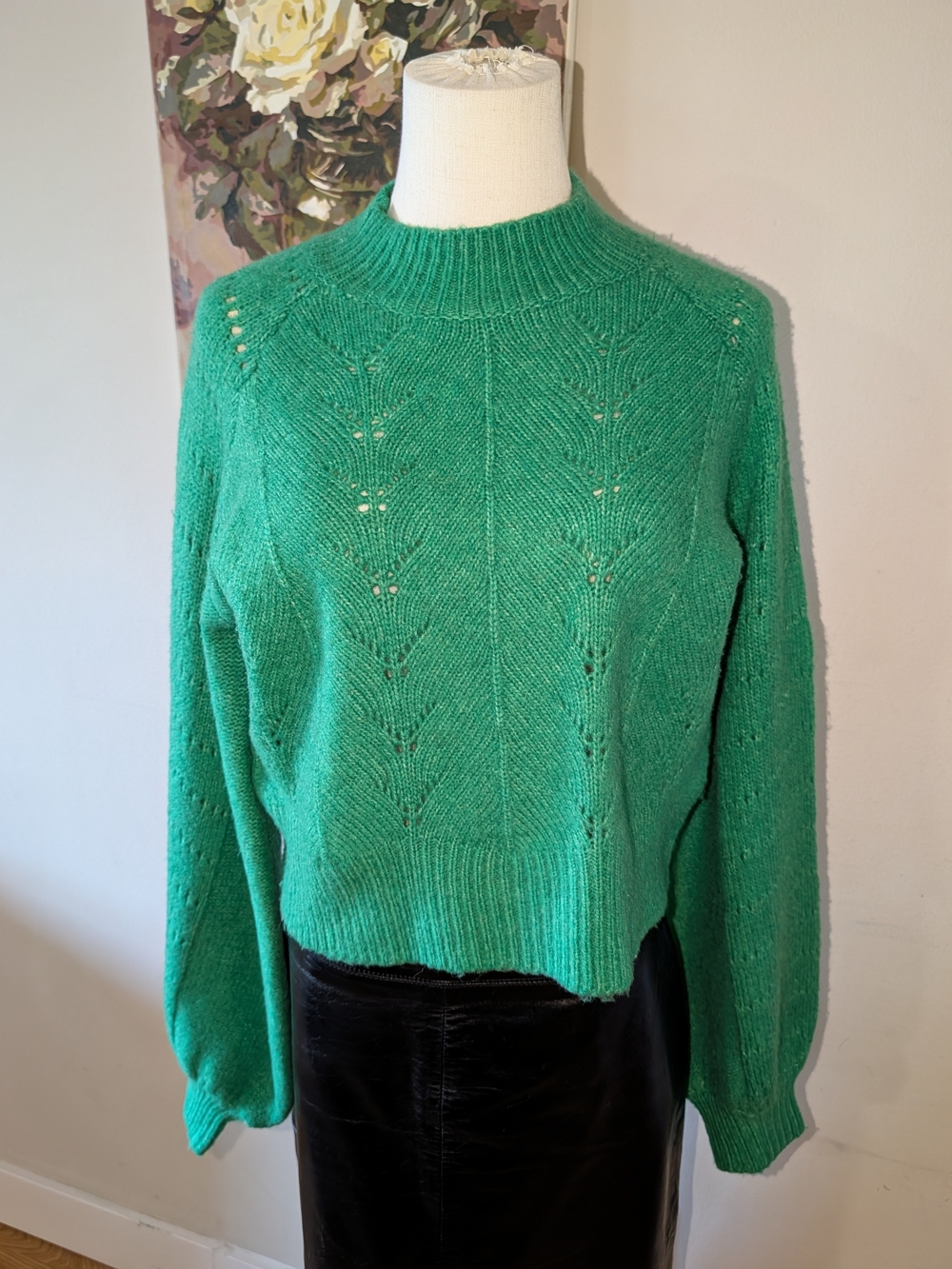 Emerald Green Wool Blend Sweater With Balloon Sleeves